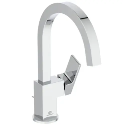Waschbeckenarmatur mit einem gebogenen Auslauf und einer seitlichen Hebelbedienung, präsentiert von Ideal Standard in Chromausführung.